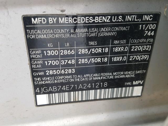 4JGAB74E71A241218 - 2001 MERCEDES-BENZ ML 55 SILVER photo 10