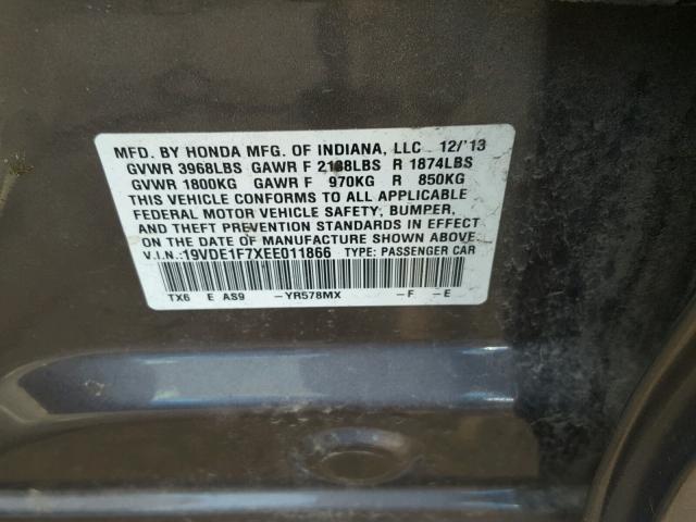 19VDE1F7XEE011866 - 2014 ACURA ILX 20 TEC GRAY photo 10