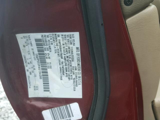 1FAFP55S94G156280 - 2004 FORD TAURUS SES MAROON photo 10