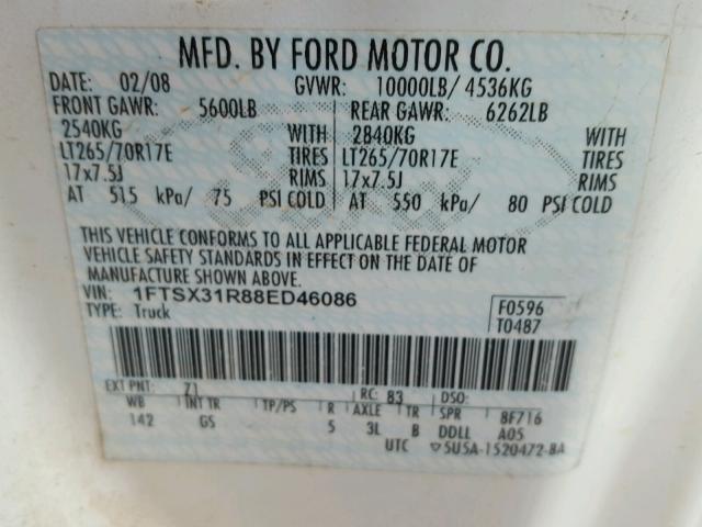 1FTSX31R88ED46086 - 2008 FORD F350 SRW S WHITE photo 10