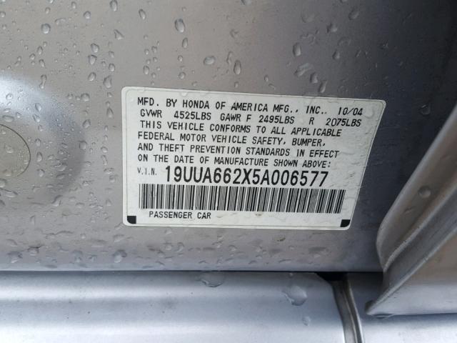 19UUA662X5A006577 - 2005 ACURA TL SILVER photo 10