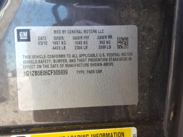 1G1ZB5E06CF305939 - 2012 CHEVROLET MALIBU LS CHARCOAL photo 10