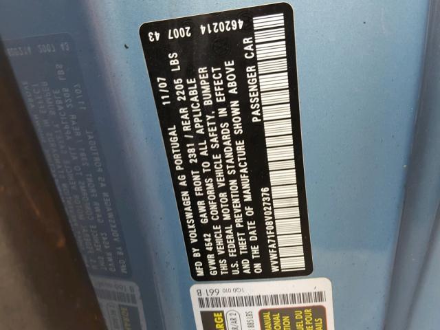 WVWFA71F08V027376 - 2008 VOLKSWAGEN EOS LUX 蓝色 照片 10