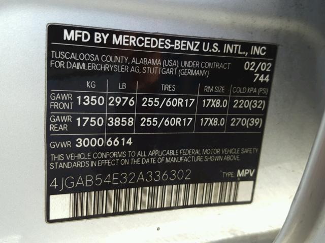 4JGAB54E32A336302 - 2002 MERCEDES-BENZ ML 320 GRAY photo 10