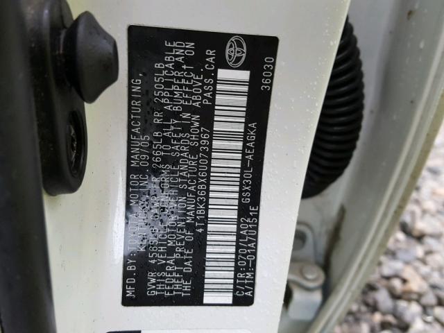 4T1BK36BX6U073967 - 2006 TOYOTA AVALON XL WHITE photo 10