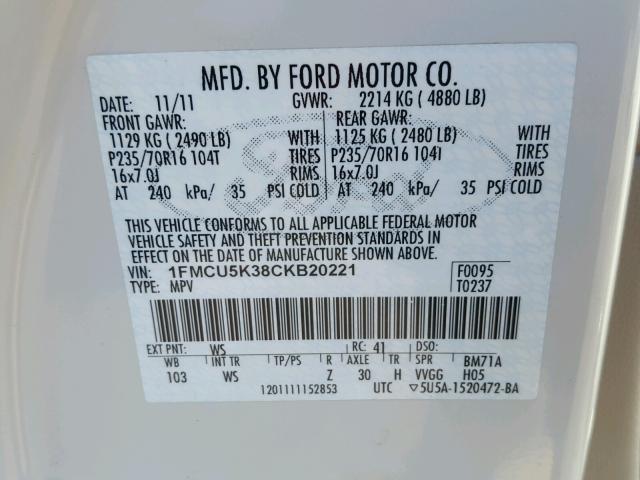 1FMCU5K38CKB20221 - 2012 FORD ESCAPE HYB WHITE photo 10