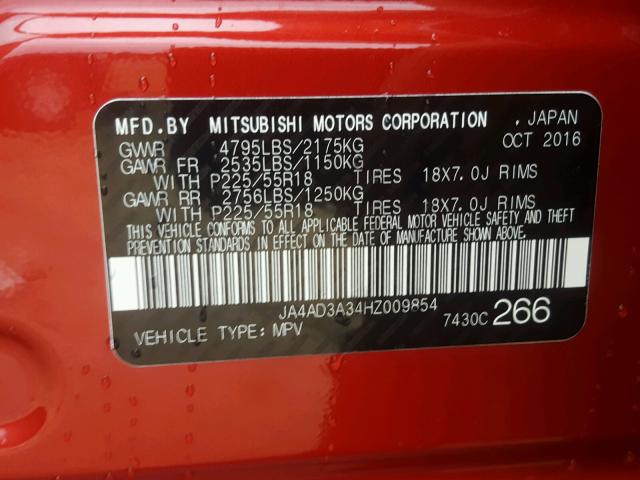 JA4AD3A34HZ009854 - 2017 MITSUBISHI OUTLANDER RED photo 10