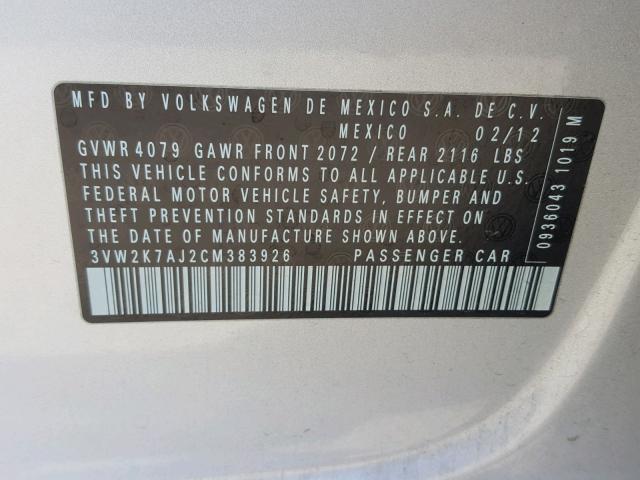 3VW2K7AJ2CM383926 - 2012 VOLKSWAGEN JETTA BASE 银色 照片 10