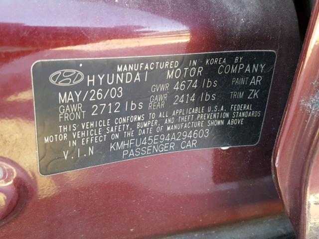 KMHFU45E94A294603 - 2004 HYUNDAI XG 350 BURGUNDY photo 10