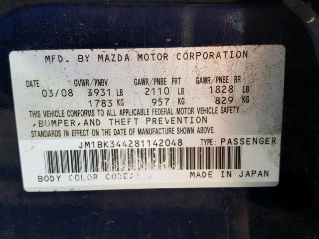 JM1BK344281142048 - 2008 MAZDA 3 HATCHBAC BLUE photo 10