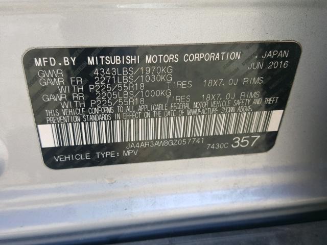 JA4AR3AW2GZ057741 - 2016 MITSUBISHI OUTLANDER SILVER photo 10