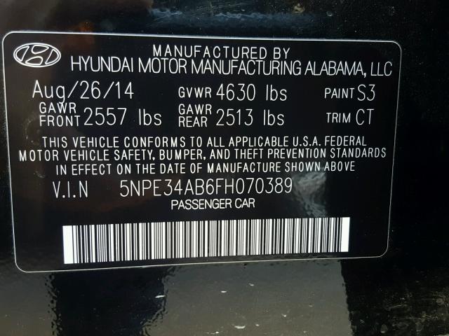 5NPE34AB6FH070389 - 2015 HYUNDAI SONATA SPO BLACK photo 10