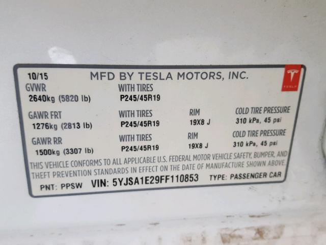 5YJSA1E29FF110853 - 2015 TESLA MODEL S WHITE photo 10