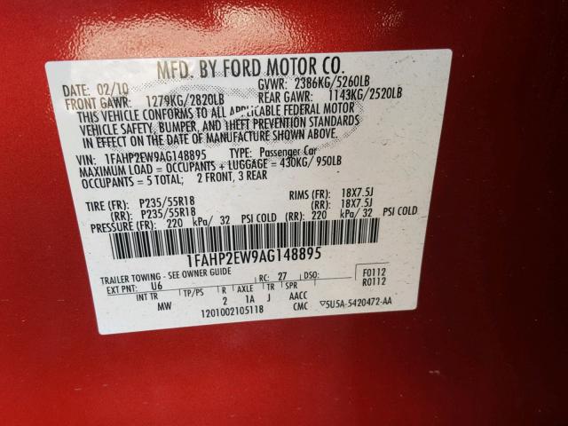 1FAHP2EW9AG148895 - 2010 FORD TAURUS SEL RED photo 10