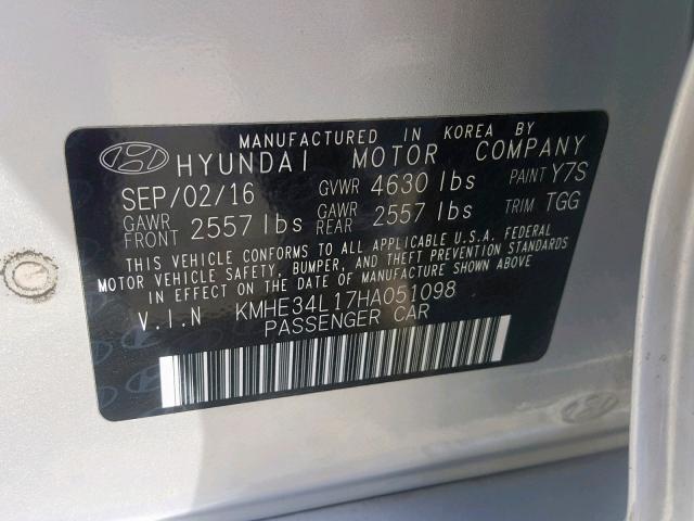 KMHE34L17HA051098 - 2017 HYUNDAI SONATA HYB SILVER photo 10