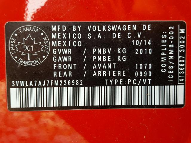 3VWLA7AJ7FM236982 - 2015 VOLKSWAGEN JETTA TDI RED photo 10