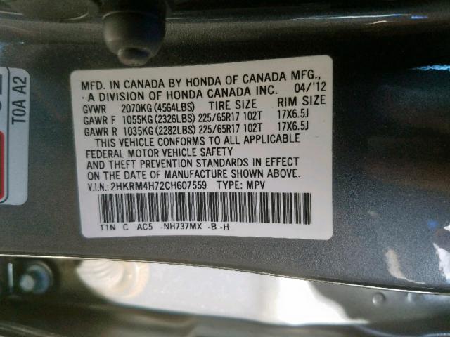 2HKRM4H72CH607559 - 2012 HONDA CR-V EXL GRAY photo 10