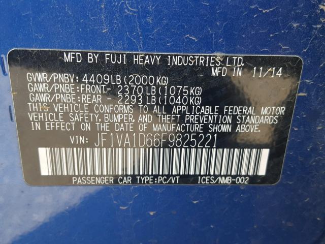 JF1VA1D66F9825221 - 2015 SUBARU WRX PREMIU BLUE photo 10