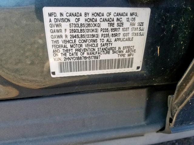 2HNYD18876H517897 - 2006 ACURA MDX TOURIN GRAY photo 10