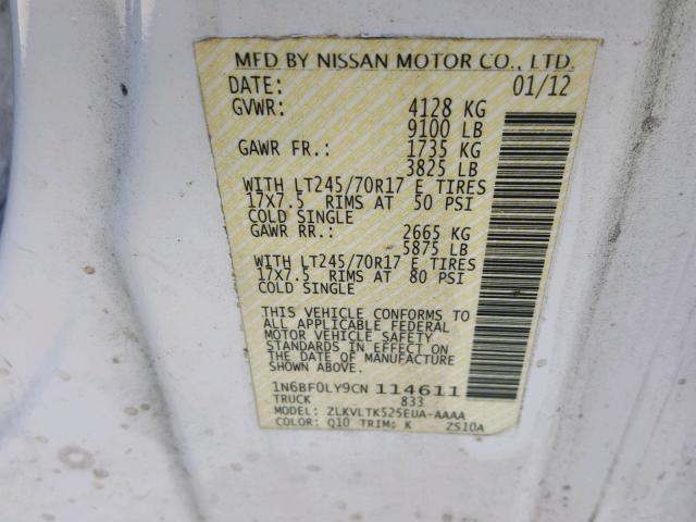 1N6BF0LY9CN114611 - 2012 NISSAN NV 2500 WHITE photo 10