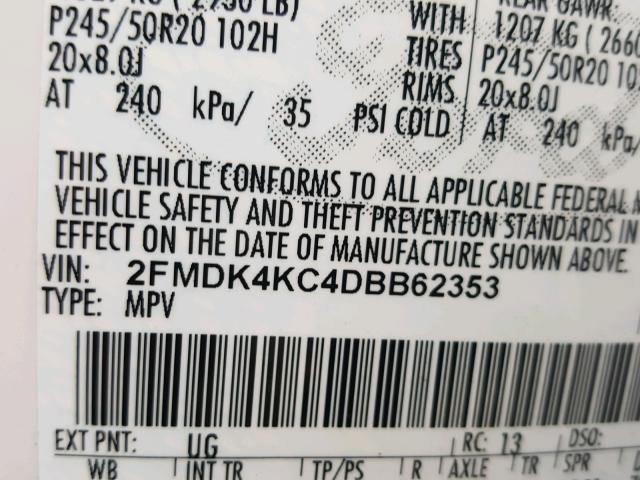 2FMDK4KC4DBB62353 - 2013 FORD EDGE LIMIT WHITE photo 10