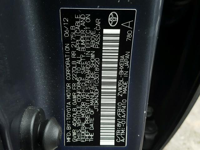 JTDKN3DP1C3018920 - 2012 TOYOTA PRIUS PLUG CHARCOAL photo 10