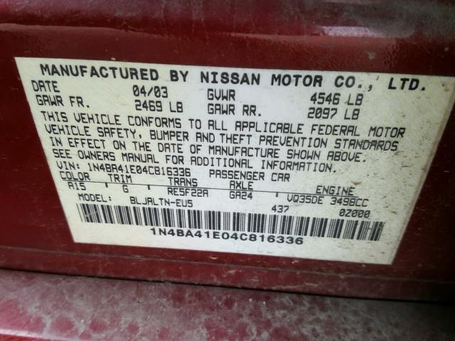 1N4BA41E04C816336 - 2004 NISSAN MAXIMA SE MAROON photo 10