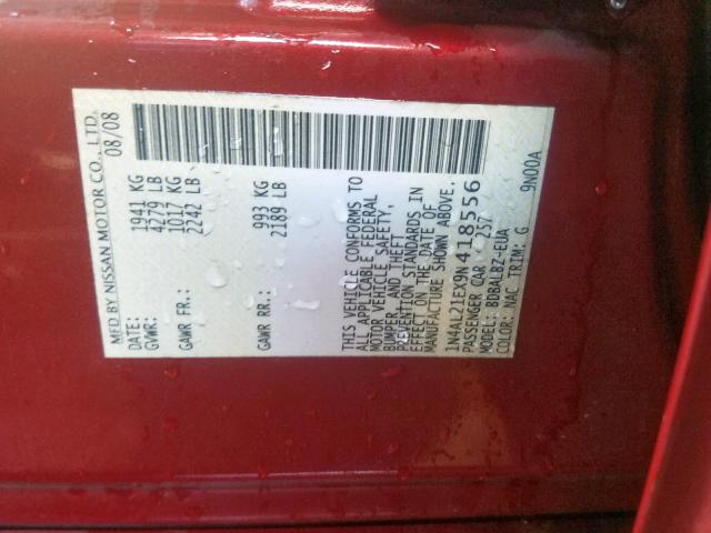 1N4AL21EX9N418556 - 2009 NISSAN ALTIMA 2.5 BURGUNDY photo 10