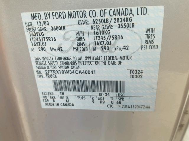 2FTRX18W34CA40041 - 2004 FORD F-150 HERI SILVER photo 10