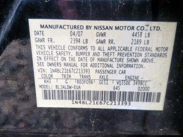 1N4BL21E67C213393 - 2007 NISSAN ALTIMA 3.5 BLACK photo 10