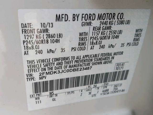 2FMDK3JC0DBE23487 - 2013 FORD EDGE SEL WHITE photo 10