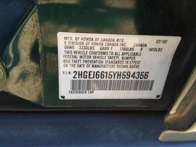 2HGEJ6615YH594356 - 2000 HONDA CIVIC BASE Yaşıl foto 10