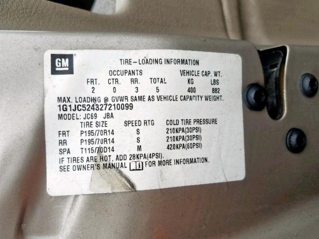 1G1JC524327210099 - 2002 CHEVROLET CAVALIER B TAN photo 10