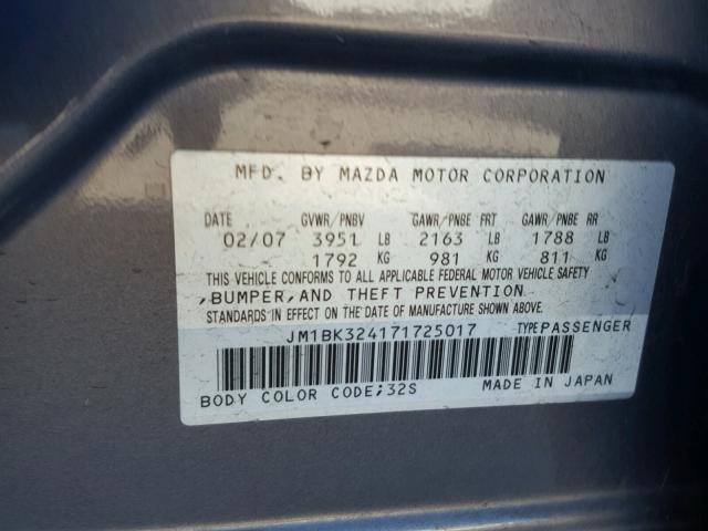 JM1BK324171725017 - 2007 MAZDA 3 S GRAY photo 10