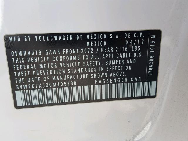 3VW2K7AJ0CM405230 - 2012 VOLKSWAGEN JETTA BASE Սպիտակ լուսանկար 10