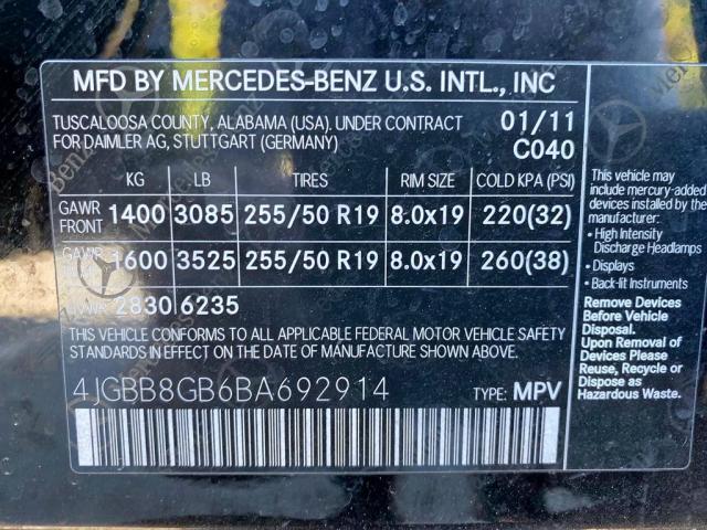 4JGBB8GB6BA692914 - 2011 MERCEDES-BENZ ML 350 4MA BLACK photo 10