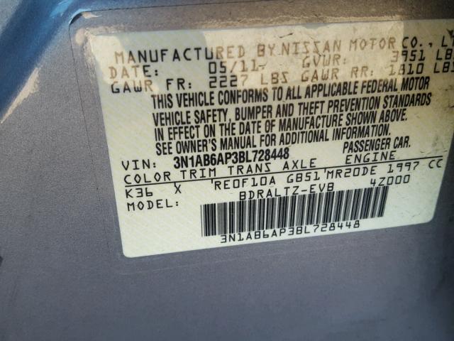 3N1AB6AP3BL728448 - 2011 NISSAN SENTRA 2.0 SILVER photo 10