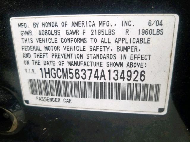 1HGCM56374A134926 - 2004 HONDA ACCORD LX BLACK photo 10