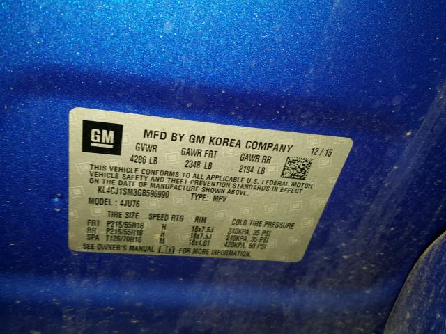 KL4CJ1SM3GB596990 - 2016 BUICK ENCORE SPO BLUE photo 10