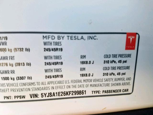 5YJSA1E26KF299861 - 2019 TESLA MODEL S WHITE photo 10