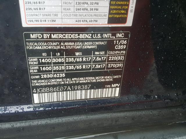 4JGBB86E07A198387 - 2007 MERCEDES-BENZ ML 350 BLUE photo 10