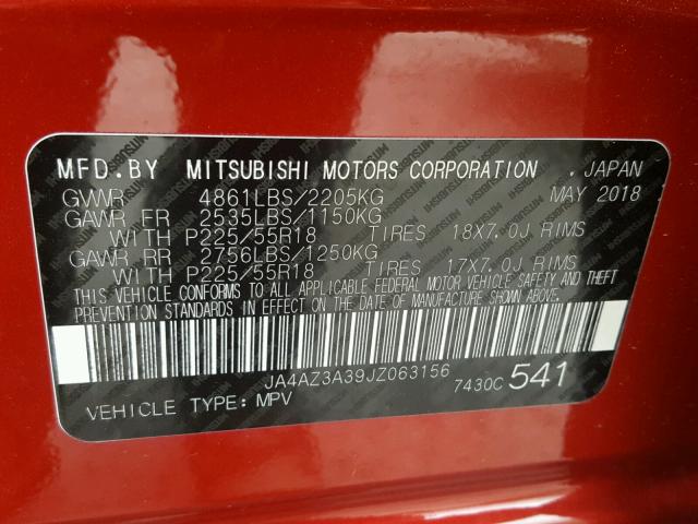 JA4AZ3A39JZ063156 - 2018 MITSUBISHI OUTLANDER RED photo 10