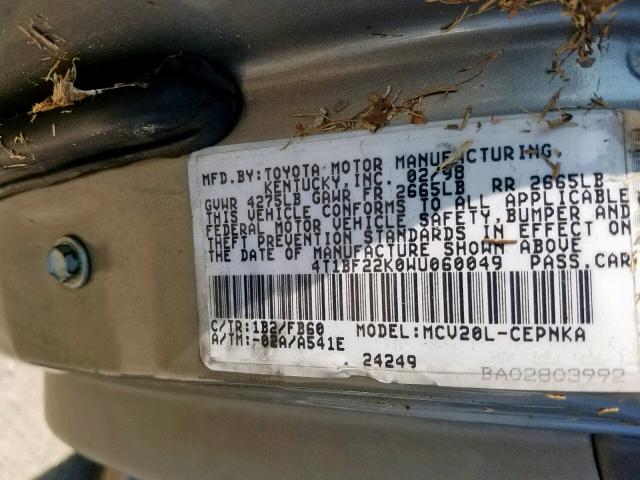 4T1BF22K0WU060049 - 1998 TOYOTA CAMRY CE GOLD photo 10