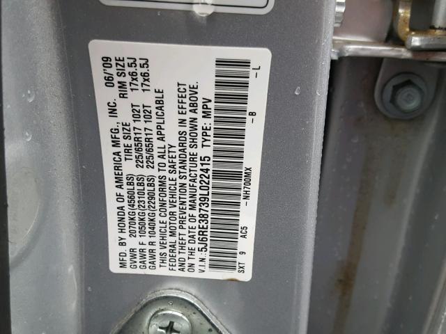 5J6RE38739L022415 - 2009 HONDA CR-V EXL SILVER photo 10