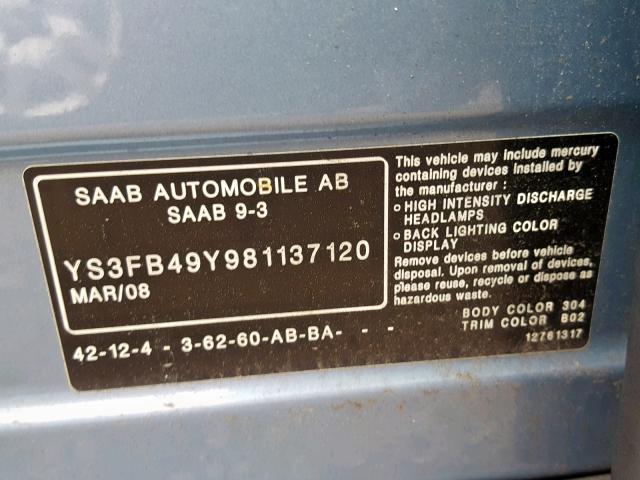 YS3FB49Y981137120 - 2008 SAAB 9-3 2.0T BLUE photo 10