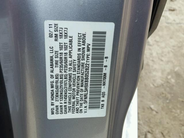 5FNRL5H9XBB052822 - 2011 HONDA ODYSSEY TO SILVER photo 10