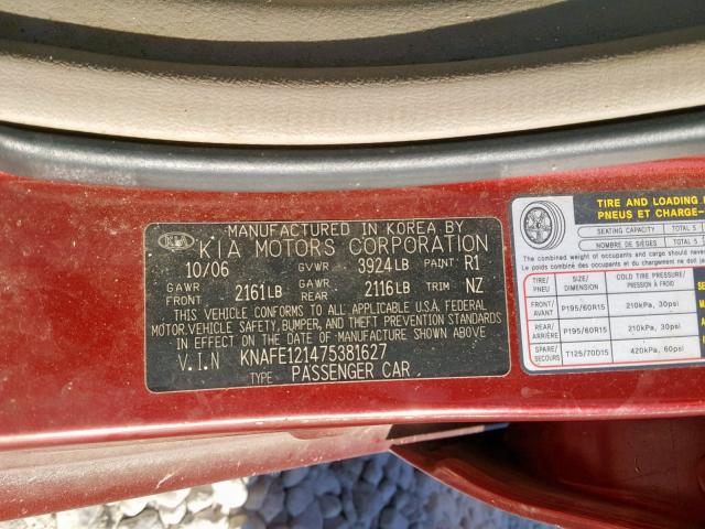 KNAFE121475381627 - 2007 KIA SPECTRA EX RED photo 10