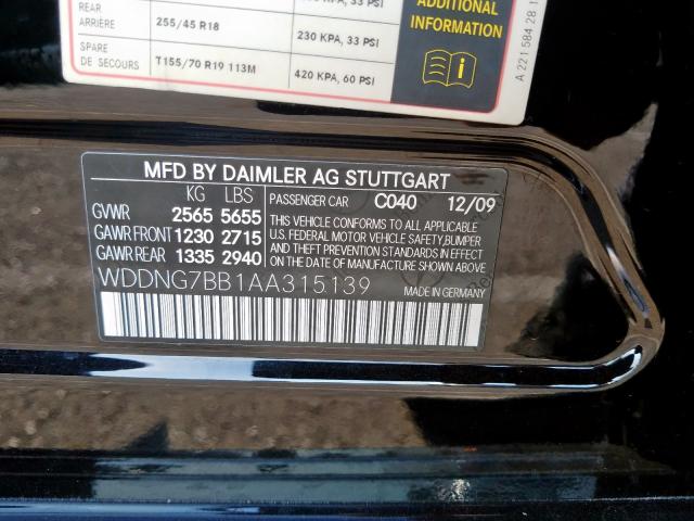 WDDNG7BB1AA315139 - 2010 MERCEDES-BENZ S 550 BLACK photo 10