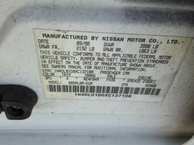 1N4DL01D0XC137108 - 1999 NISSAN ALTIMA XE WHITE photo 10