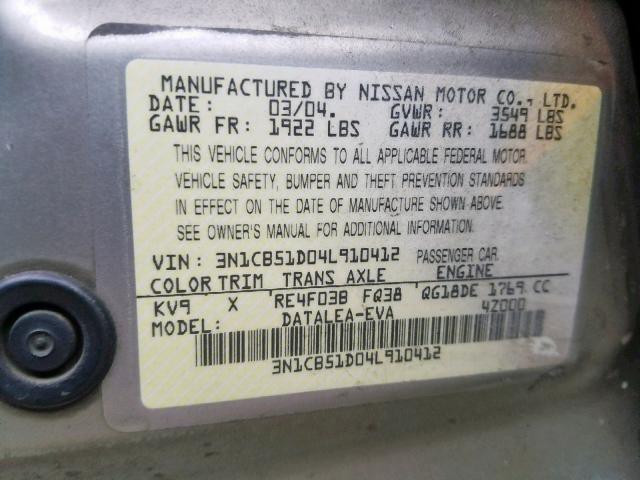 3N1CB51D04L910412 - 2004 NISSAN SENTRA 1.8 SILVER photo 10